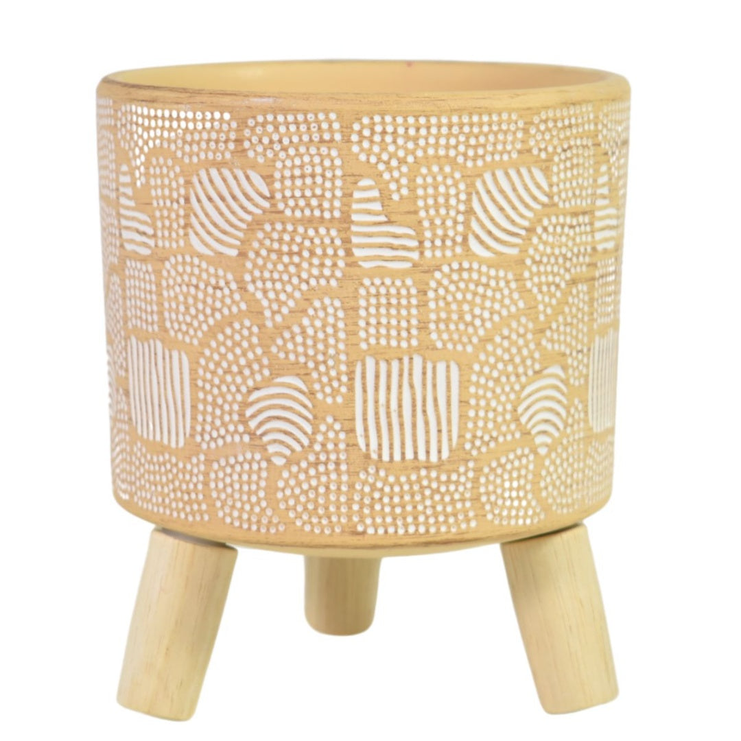 Florero De Cerámica Beige Con Patas De Madera