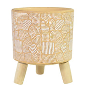 Florero De Cerámica Beige Con Patas De Madera