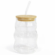 Vaso Vidrio Ondeado Con Tapa De Madera Y Sorbito Store