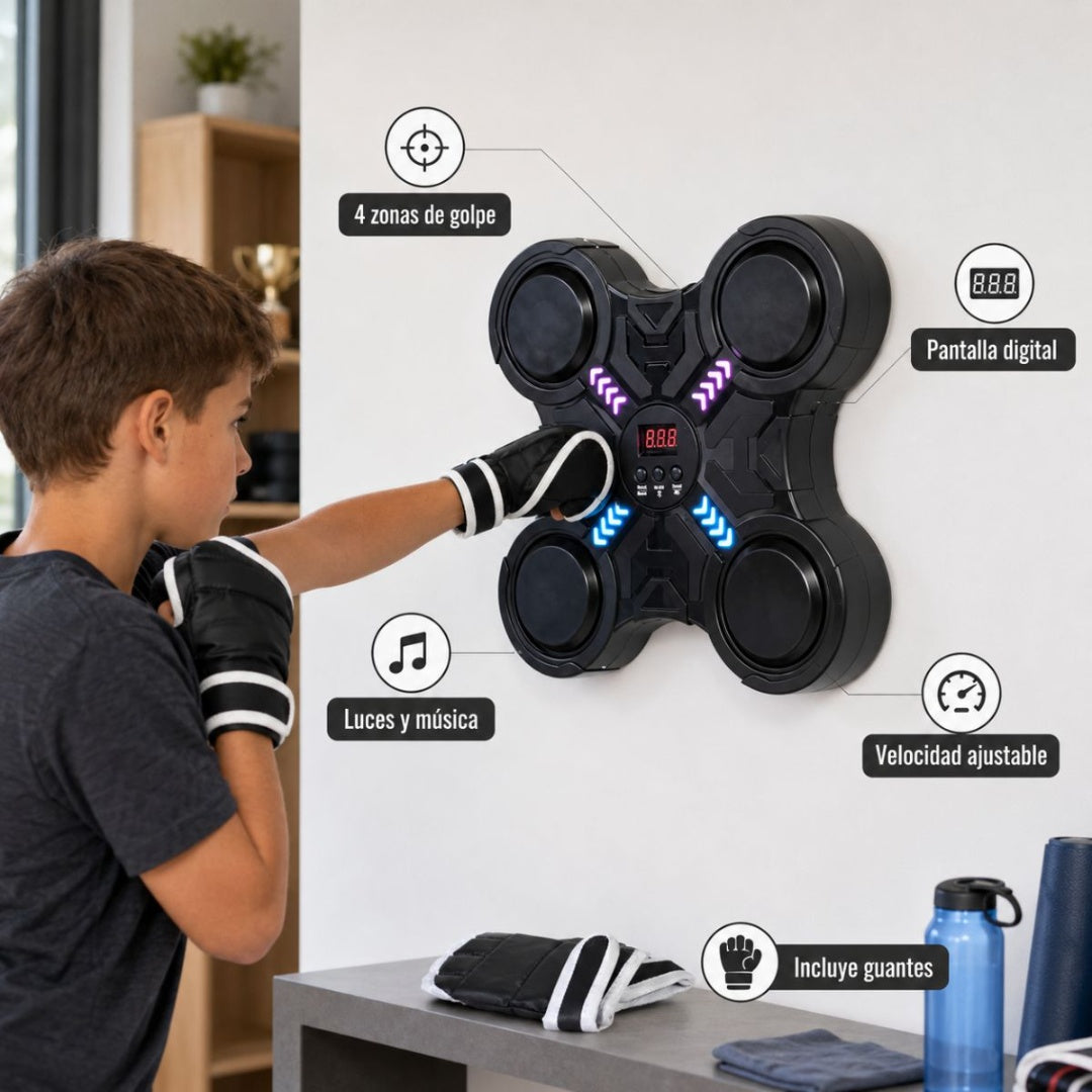 Máquina De Boxeo Musical Pared Con Luces + Guantes Incluidos Negro